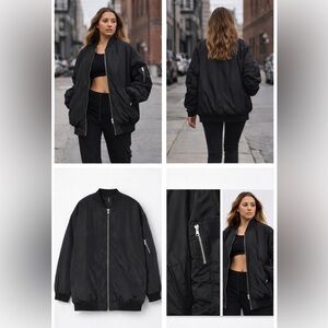 Black MA-1 Bomber Jacket Oversized Unisex Streetwear Minimal Zip women fits L